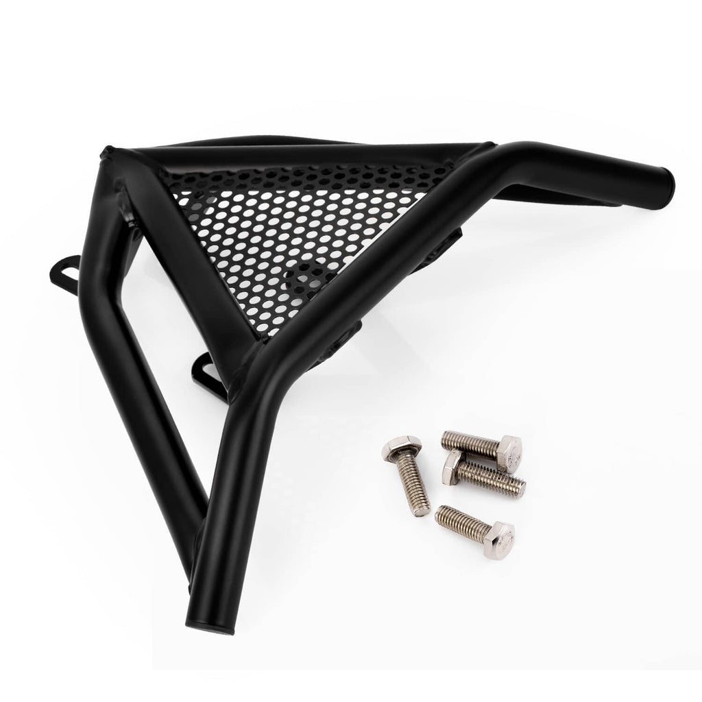 Black front bumper guard in side view with perforated mesh panel and mounting bolts