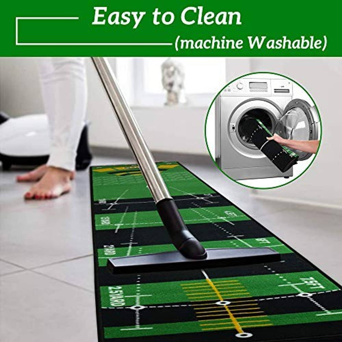 Golf putting practice mat on floor with alignment grid, vacuuming-style cleaning scene