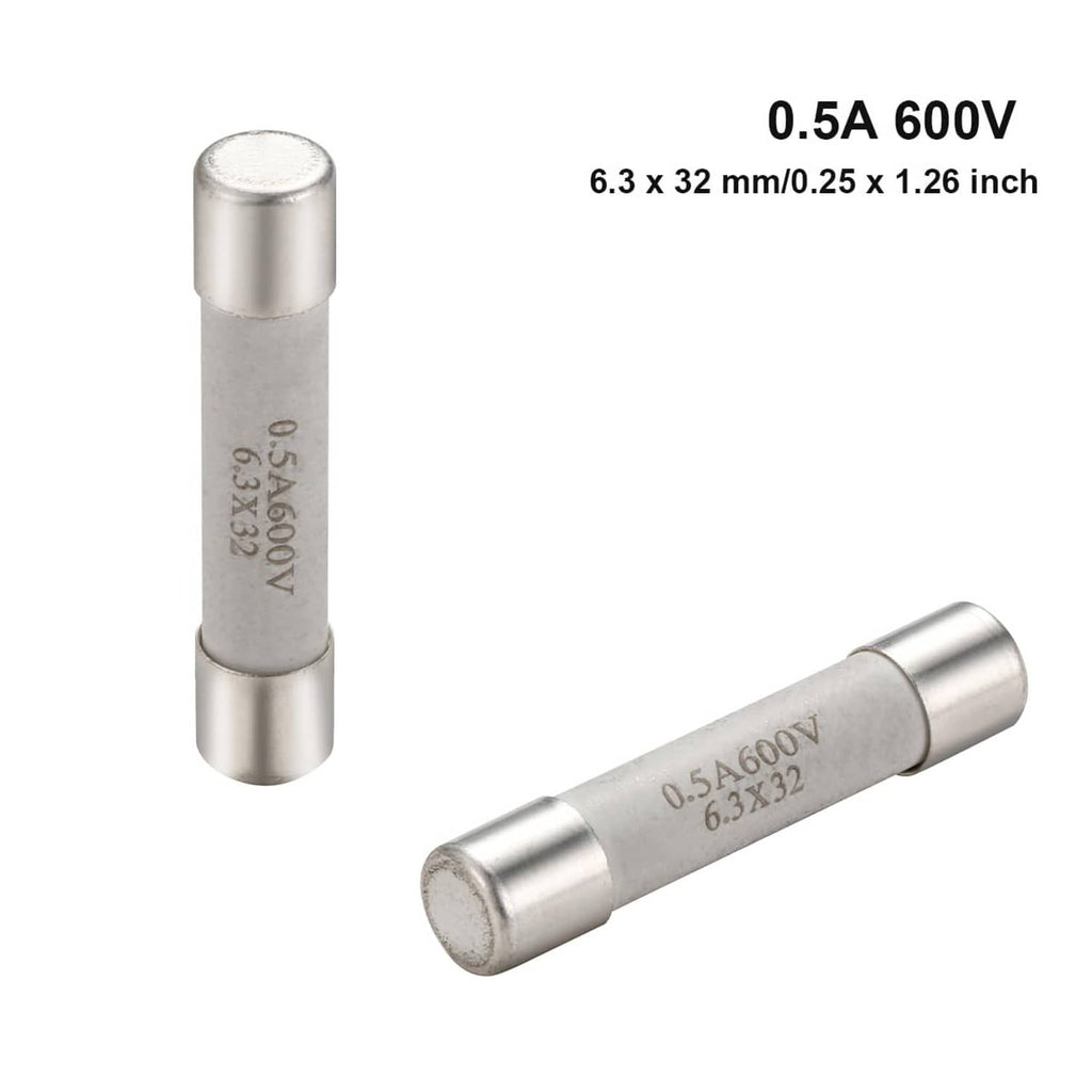 Fast-blow multimeter fuse pair, 0.5A 600V, metal end caps, ceramic barrel