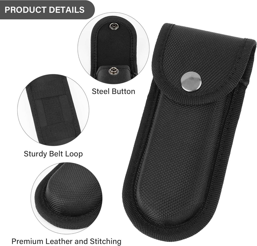 Black nylon folding knife sheath with metal snap, belt loop detail on pocket holder.