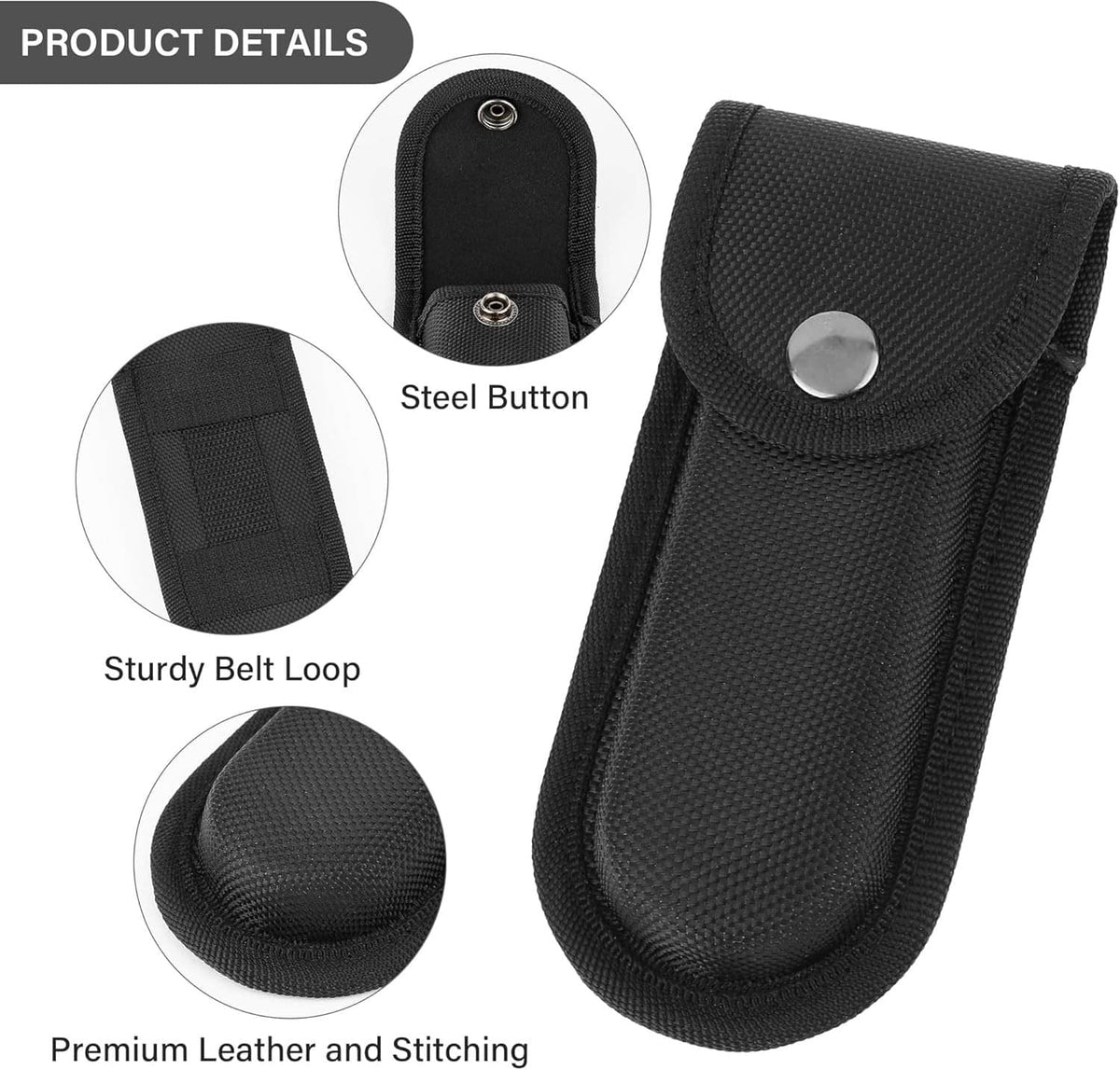 Black nylon folding knife sheath with metal snap, belt loop detail on pocket holder.
