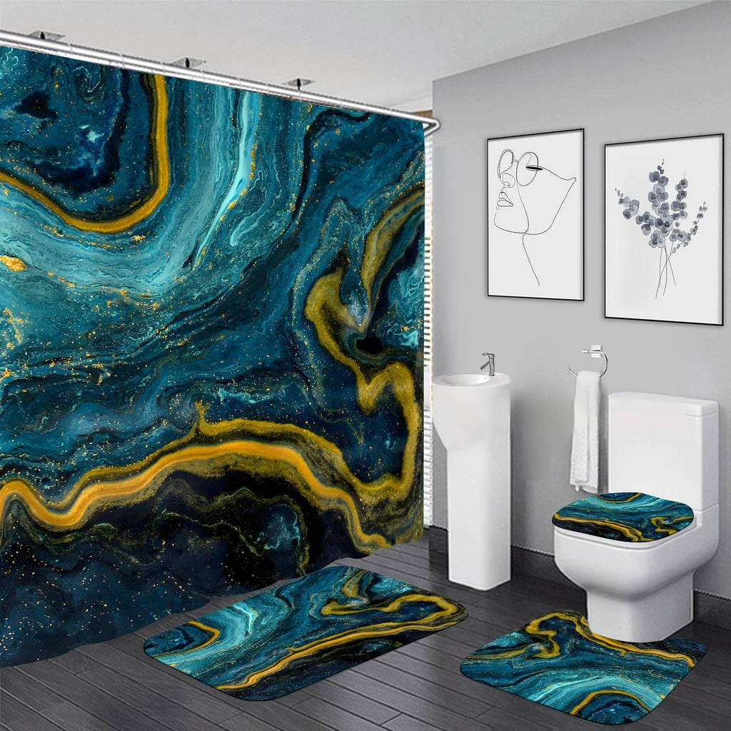 Teal blue marble-pattern shower curtain set with coordinating bath mats