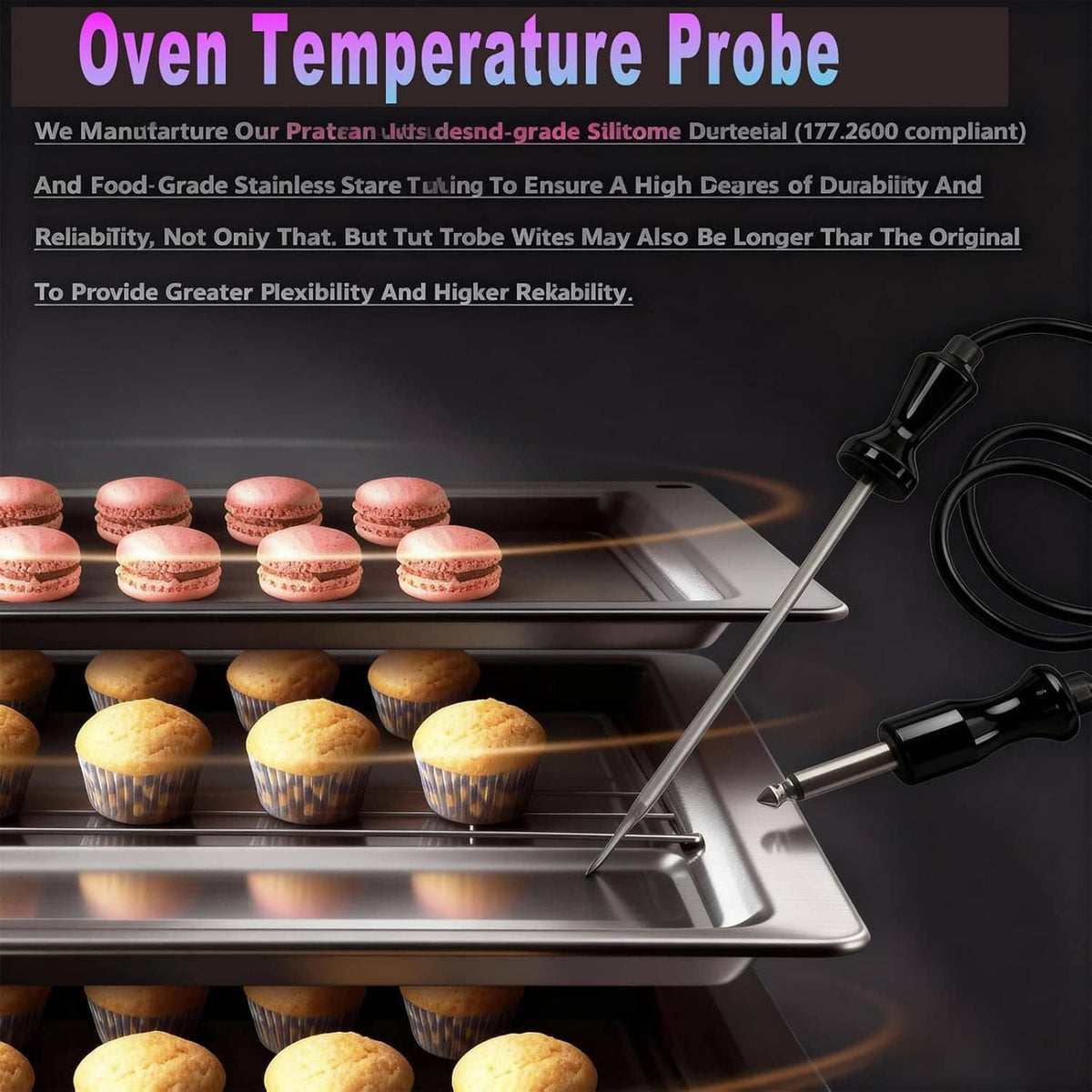 Wolf oven temperature probe on oven rack with stainless probe rod and black connector
