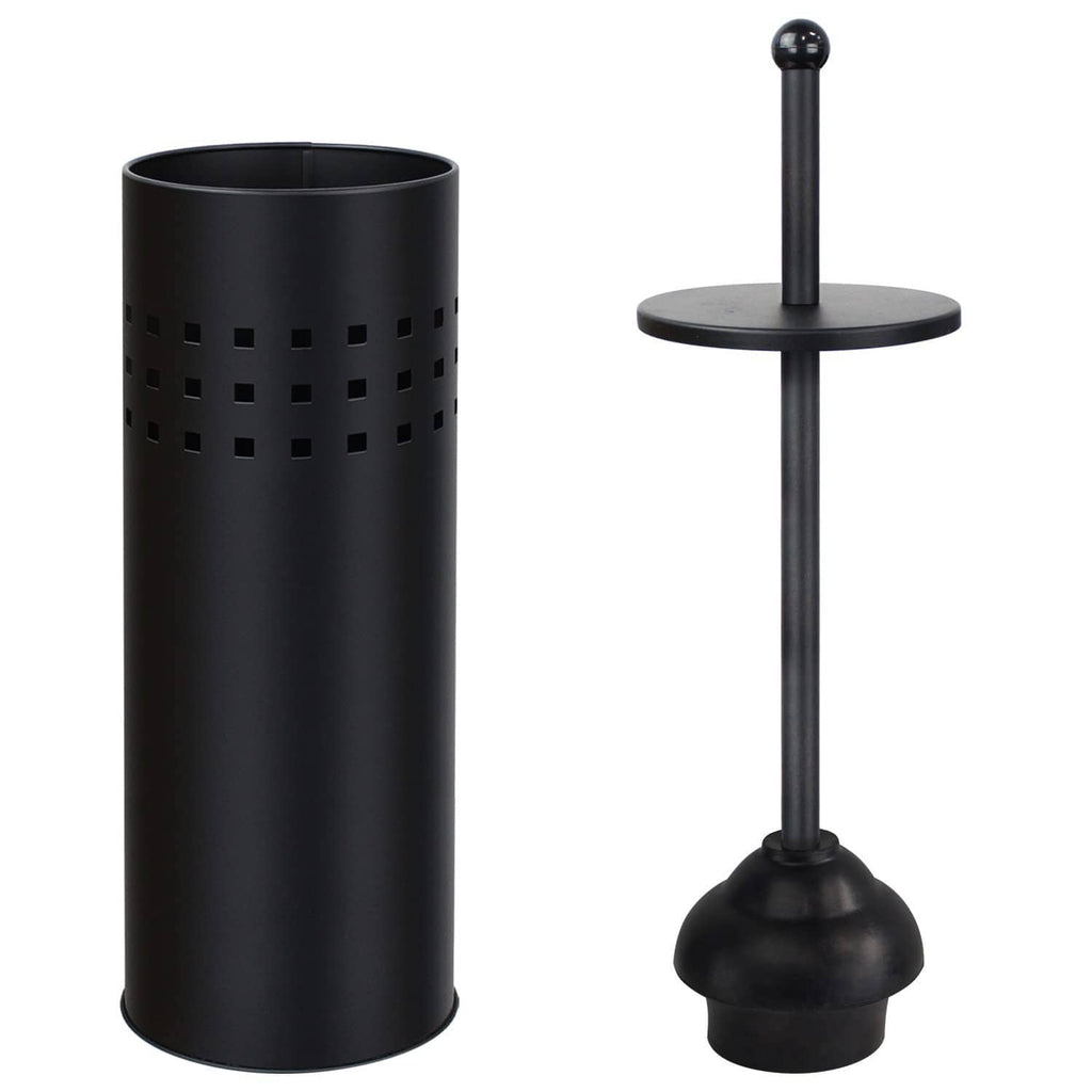 Black toilet plunger with perforated holder can and round base