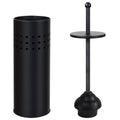 Black toilet plunger with perforated holder can and round base