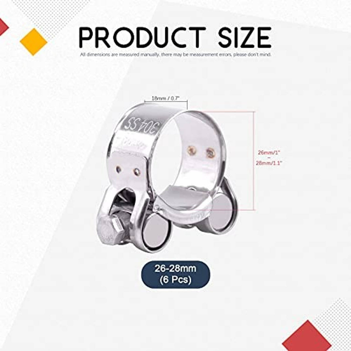 Stainless steel T-bolt hose clamp with product size illustration and stamped band