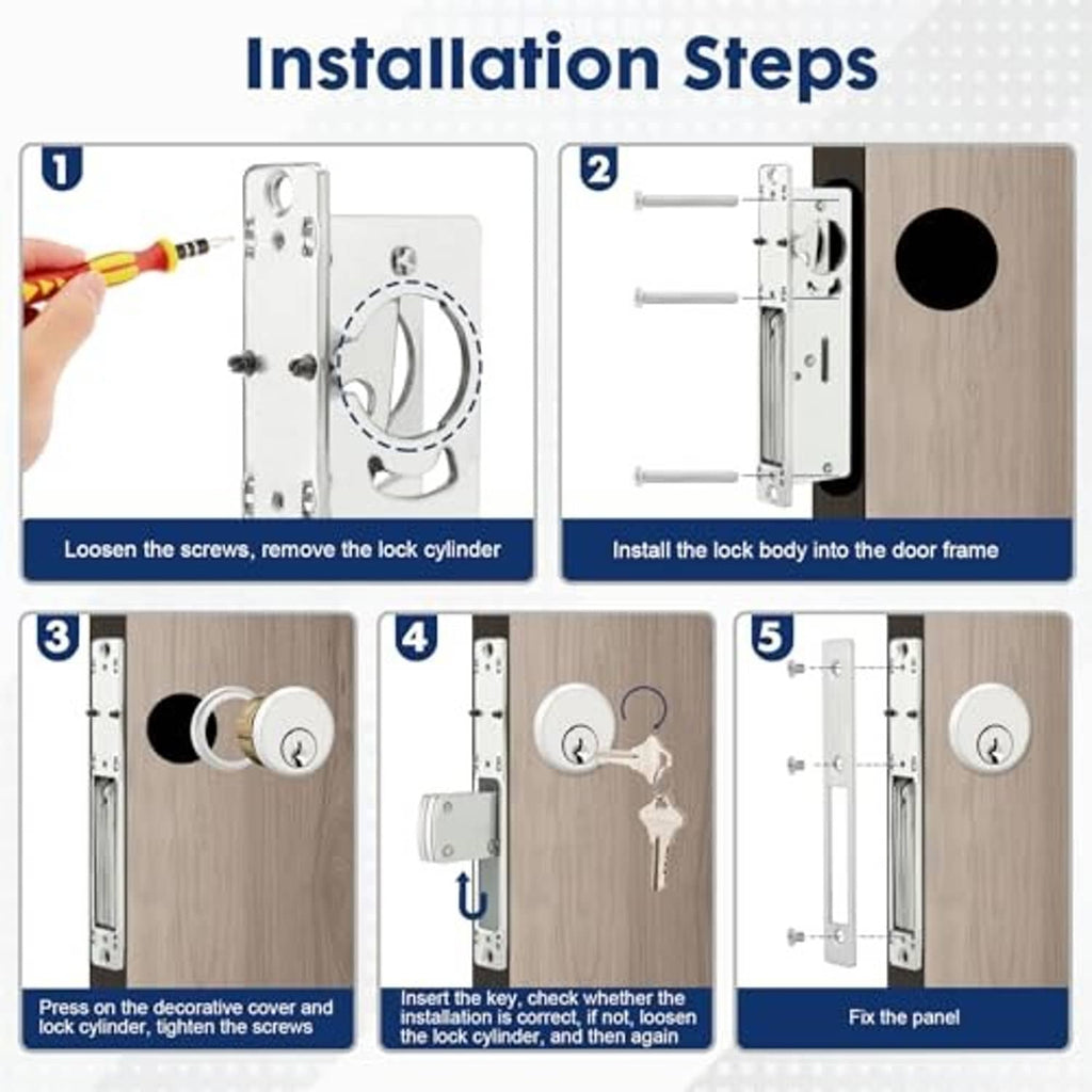 Mortise lock installation steps showing cylinder and cover panel alignment on door