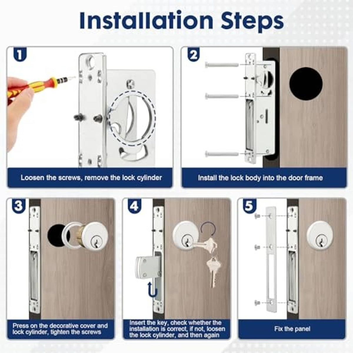 Mortise lock installation steps showing cylinder and cover panel alignment on door