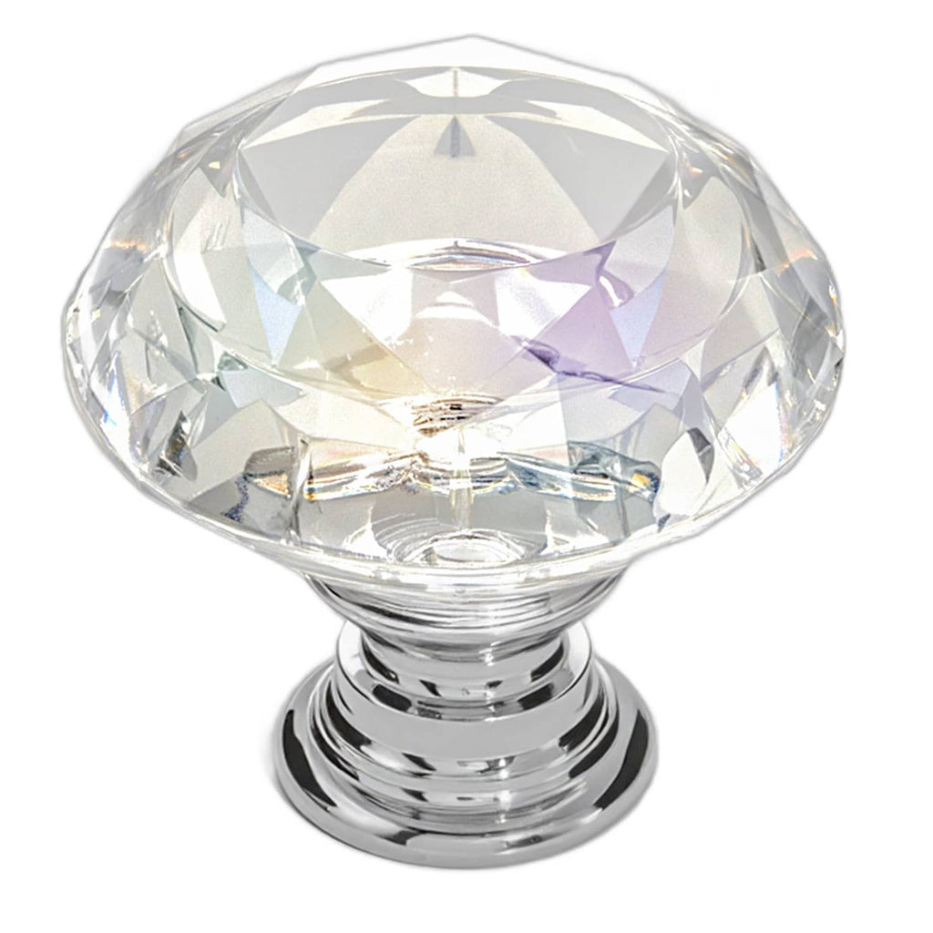 Close-up of clear faceted acrylic diamond cabinet knob with chrome base and stem.