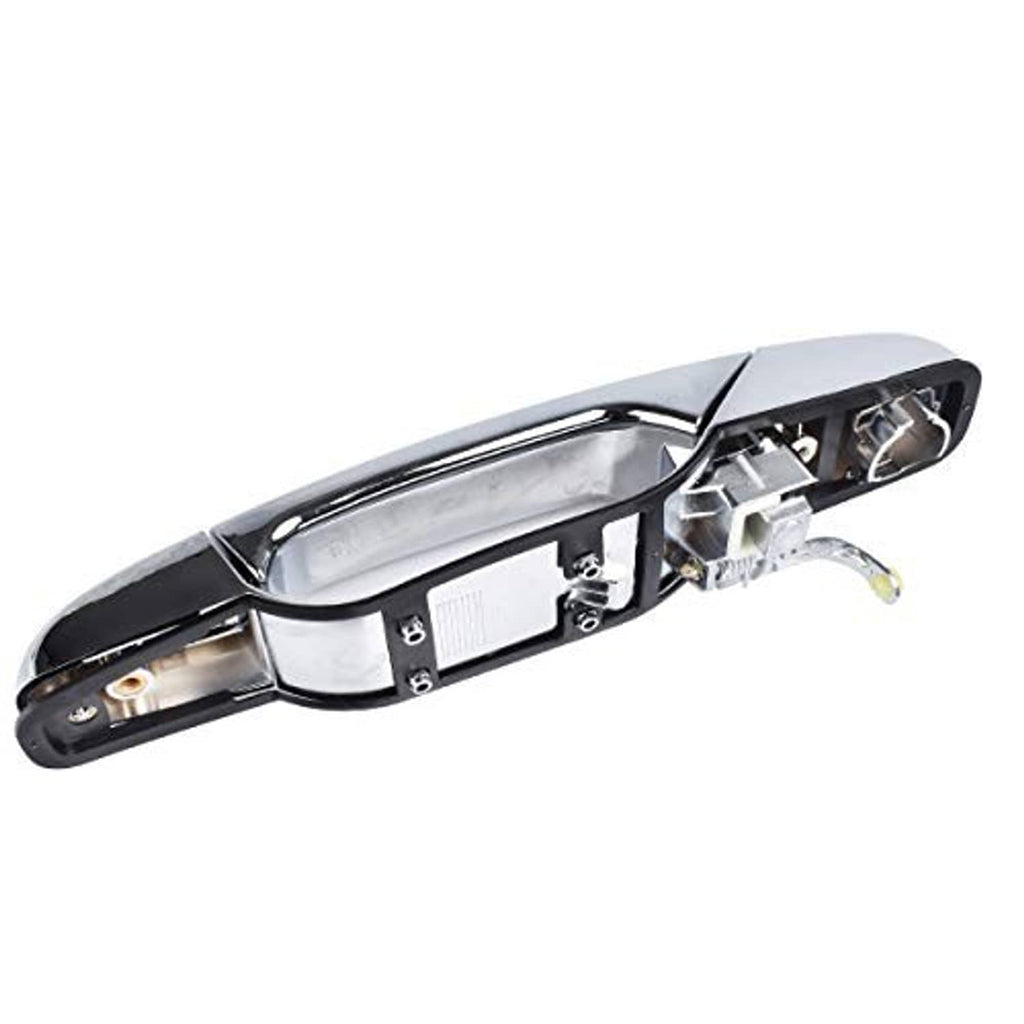 Chrome exterior door handle with internal bracket exposed, mounting points visible