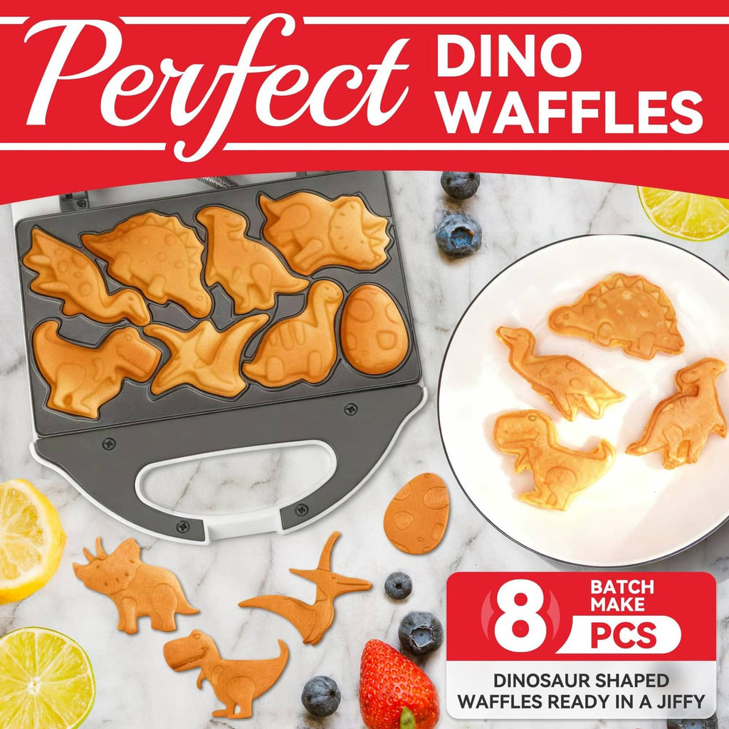 Compact dinosaur waffle maker showing open plate with dinosaur-shaped waffles