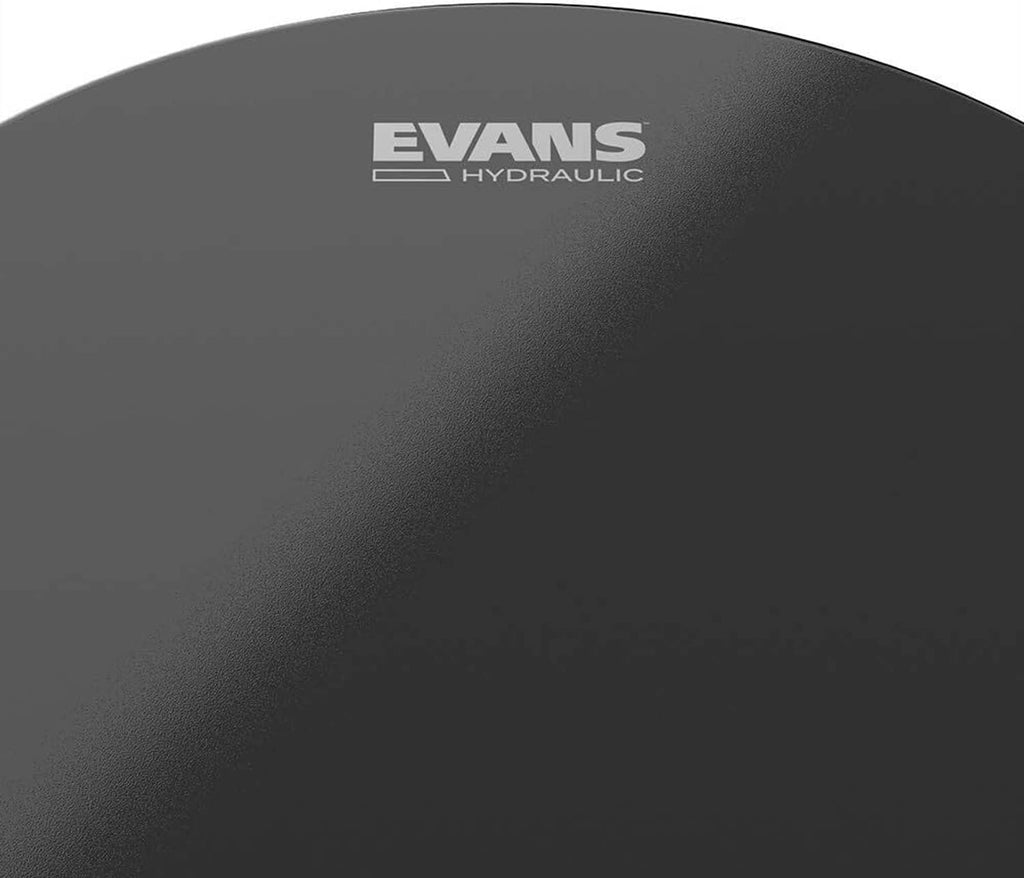 Black EVANS Hydraulic drumhead close-up showing EVANS logo
