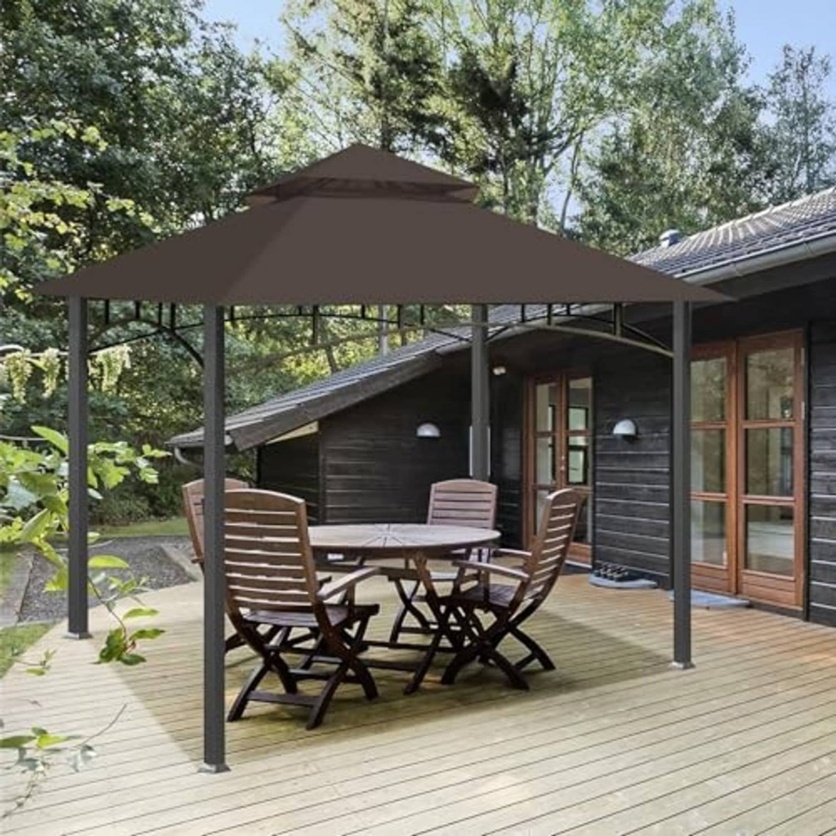 Dark brown gazebo canopy top on black metal frame over outdoor seating