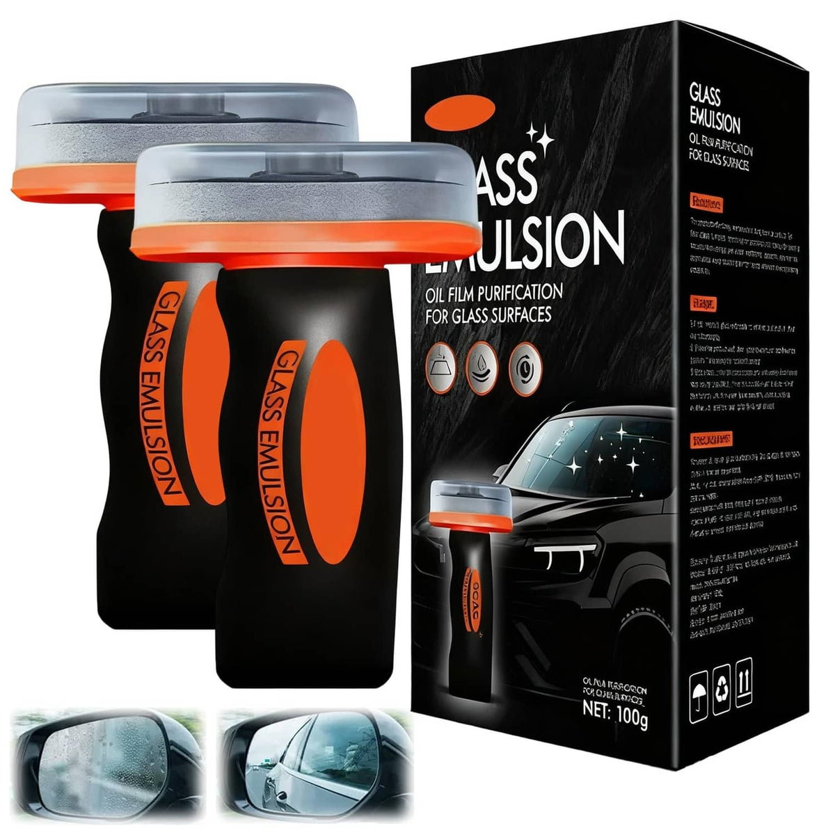 Car glass oil film remover kit: two orange-and-black bottles and a boxed package