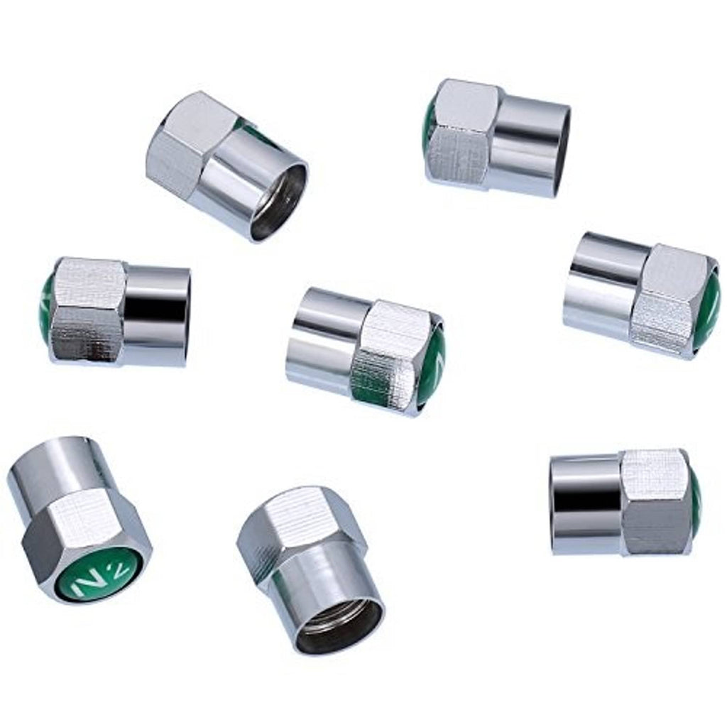 Silver metal tire valve stem caps with green inserts, assorted pieces
