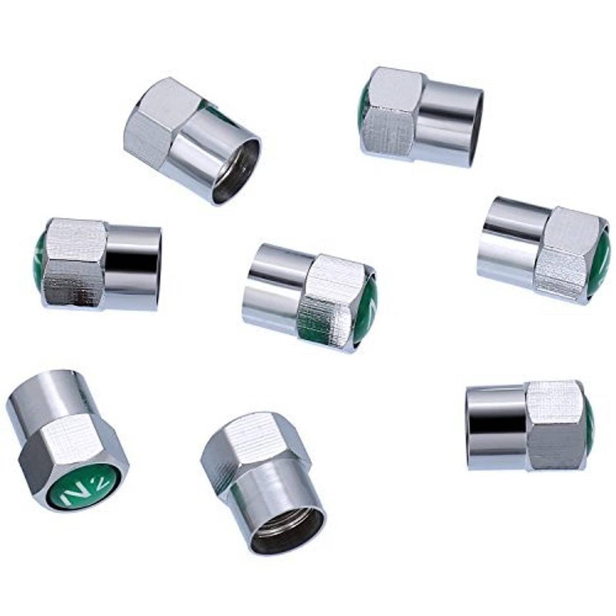 Silver metal tire valve stem caps with green inserts, assorted pieces