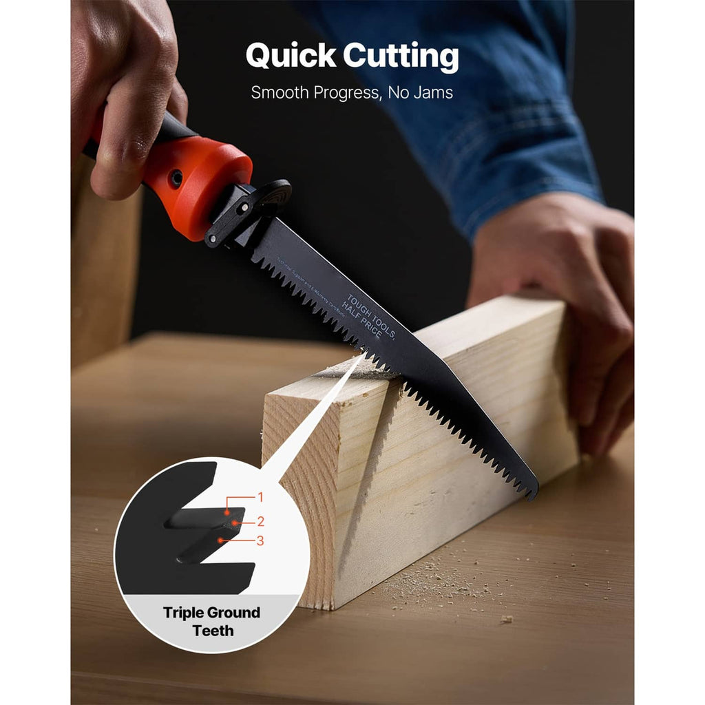 Orange and black keyhole saw cutting through wood with triple-ground teeth