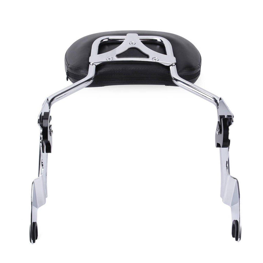 Detachable sissy bar backrest with black pad and chrome top mounting bracket