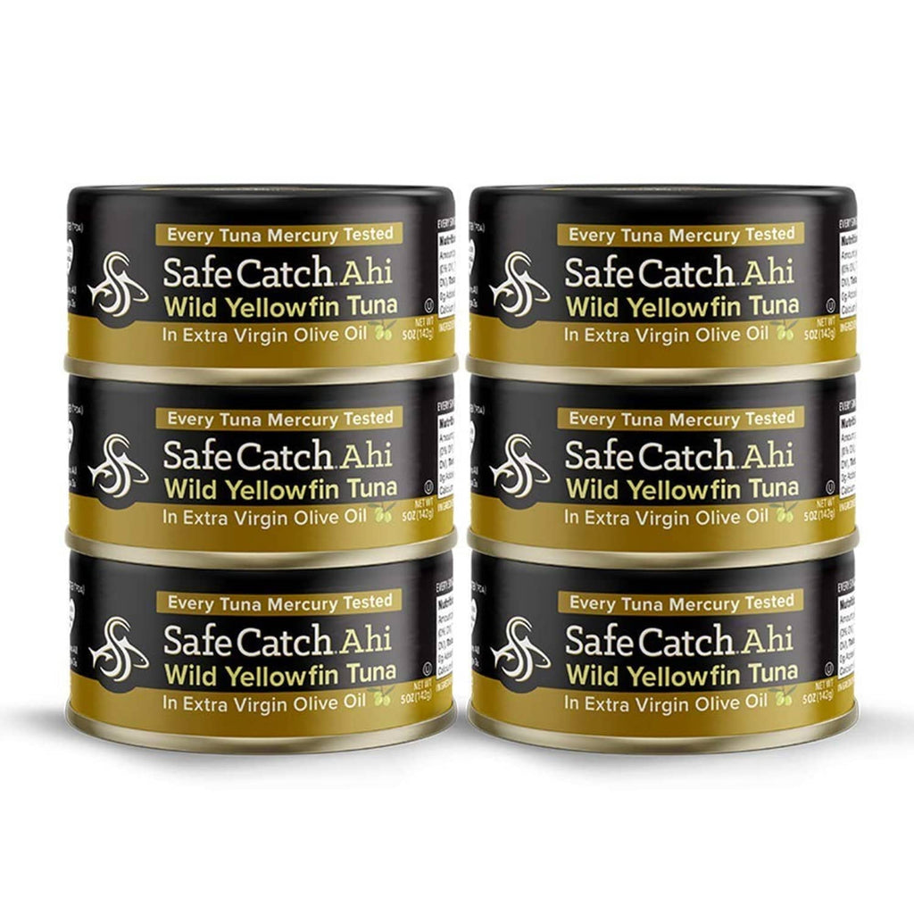 Canned ahi tuna multipack with 6 mini cans in extra virgin olive oil, yellow-gold labels