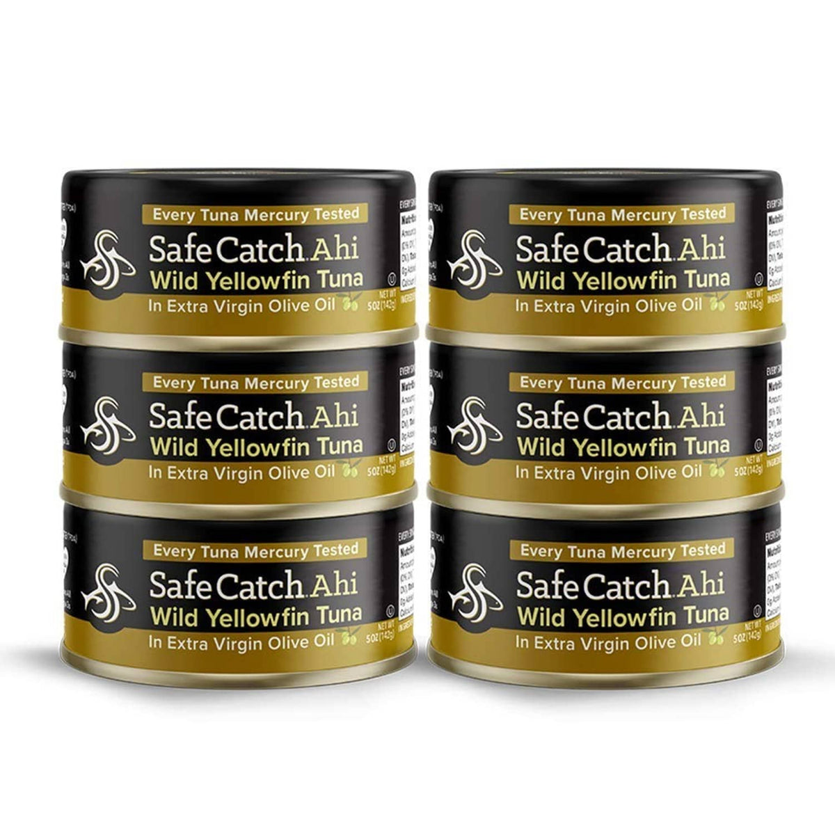 Canned ahi tuna multipack with 6 mini cans in extra virgin olive oil, yellow-gold labels