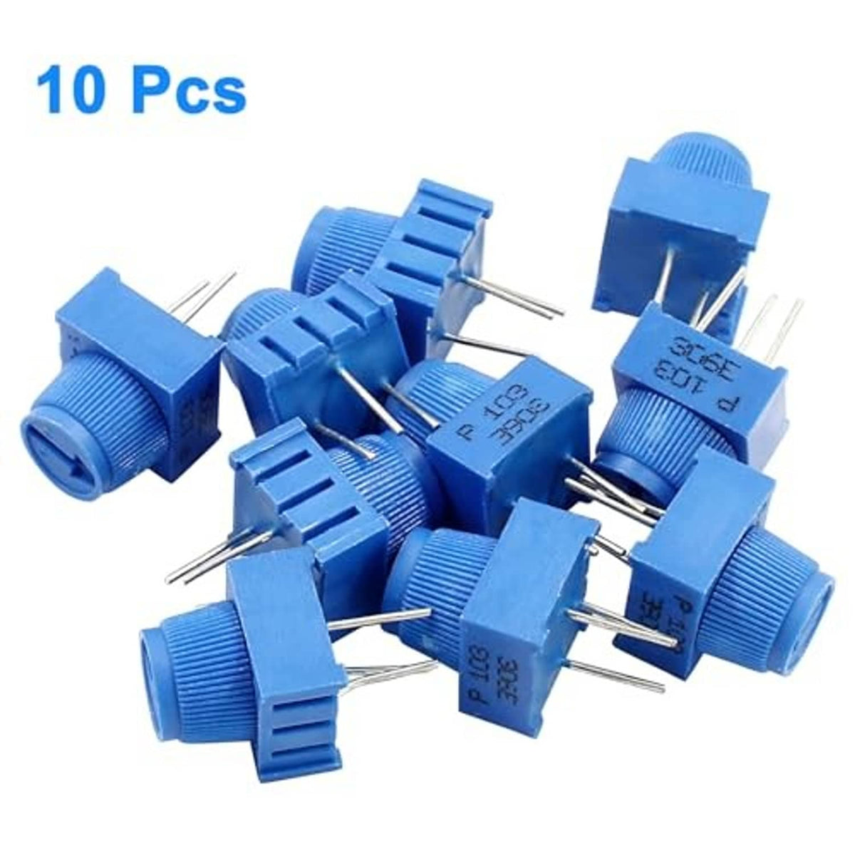 Blue trim potentiometer set with multiple knurled knobs and 3-pin headers