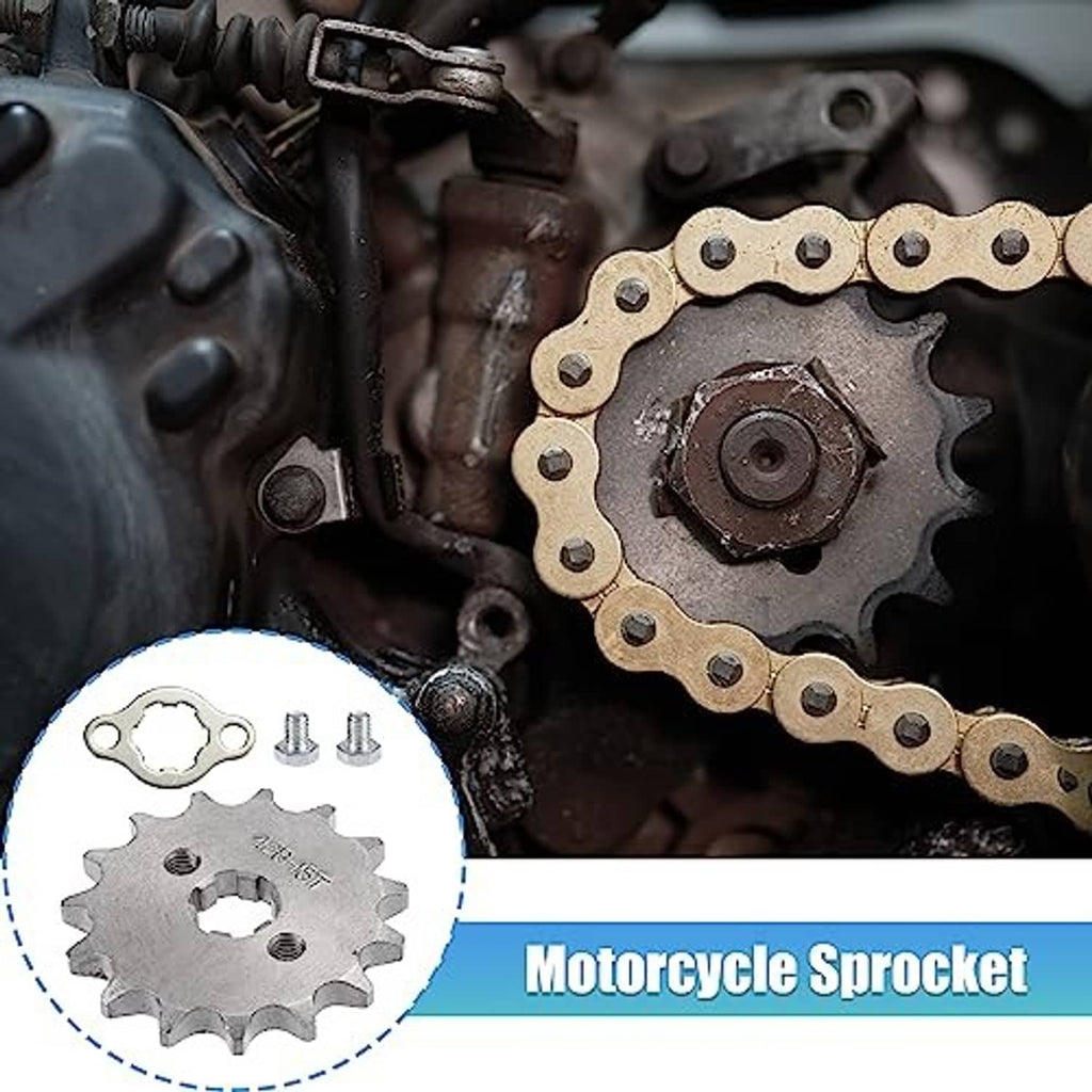 Motorcycle front engine sprocket with chain drive, shown on the engine