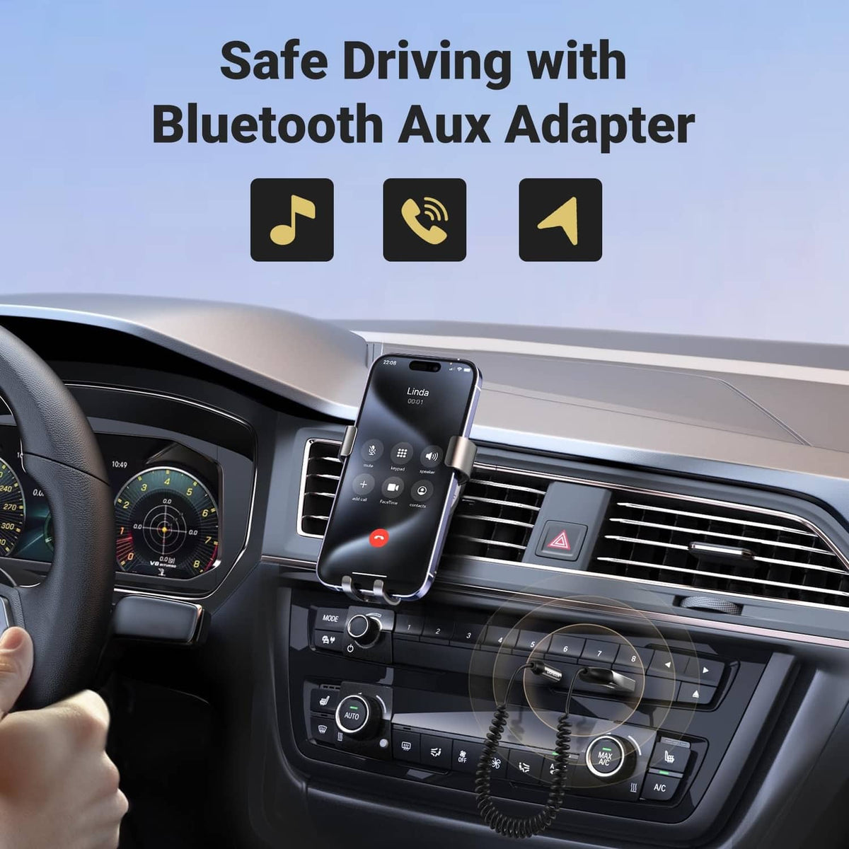 Bluetooth aux adapter on car dashboard with 3.5mm connection cable
