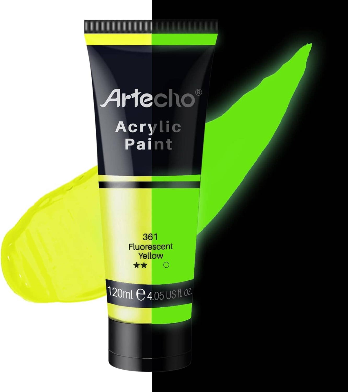 Fluorescent yellow acrylic paint tube with neon yellow paint smear beside it