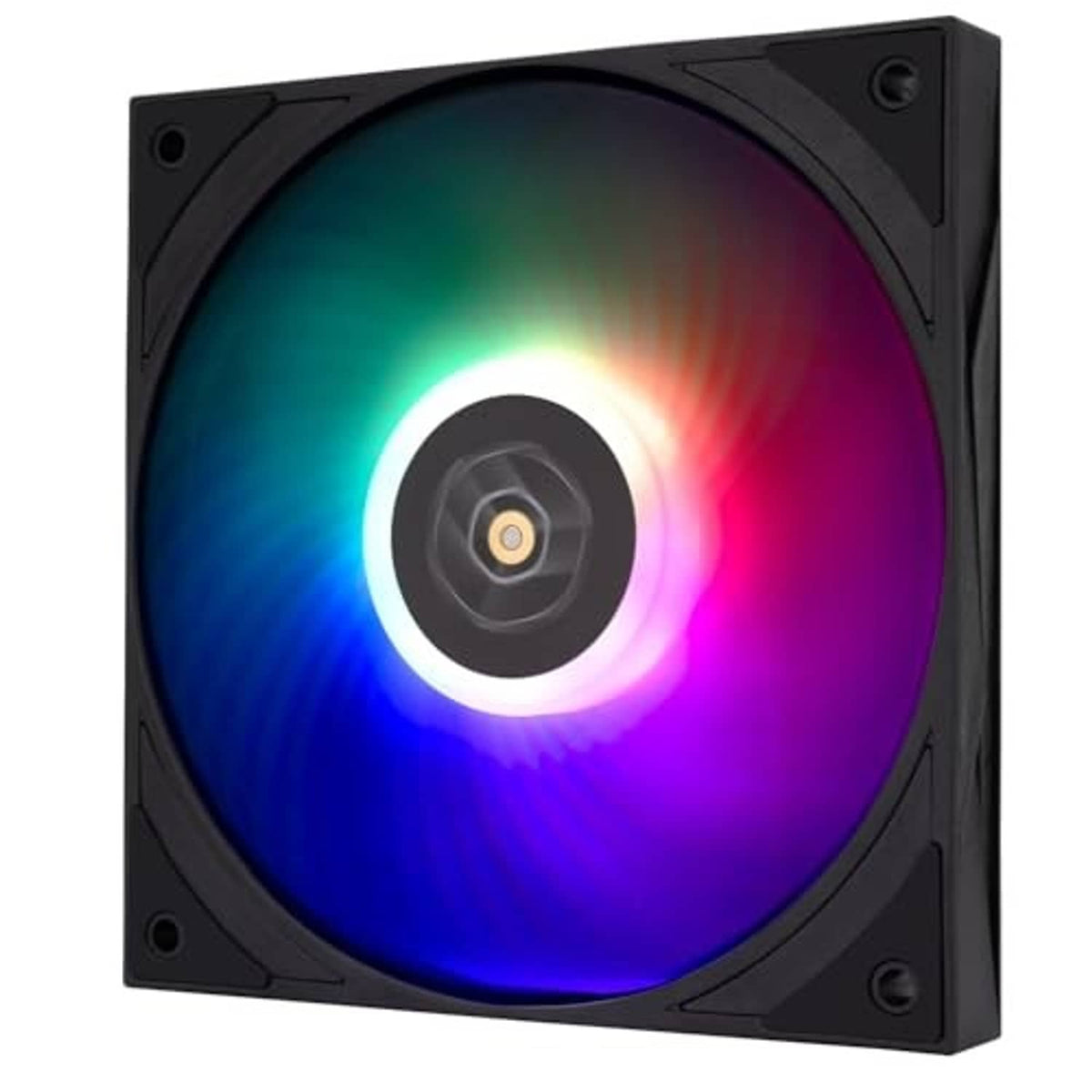 Black square ARGB computer fan, RGB light ring glowing around dark center hub