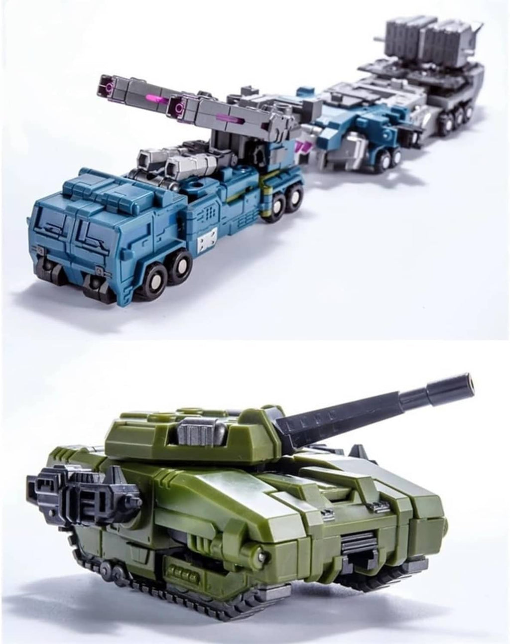 Transformable vehicle robot duo: blue tank form and green tank with long cannon