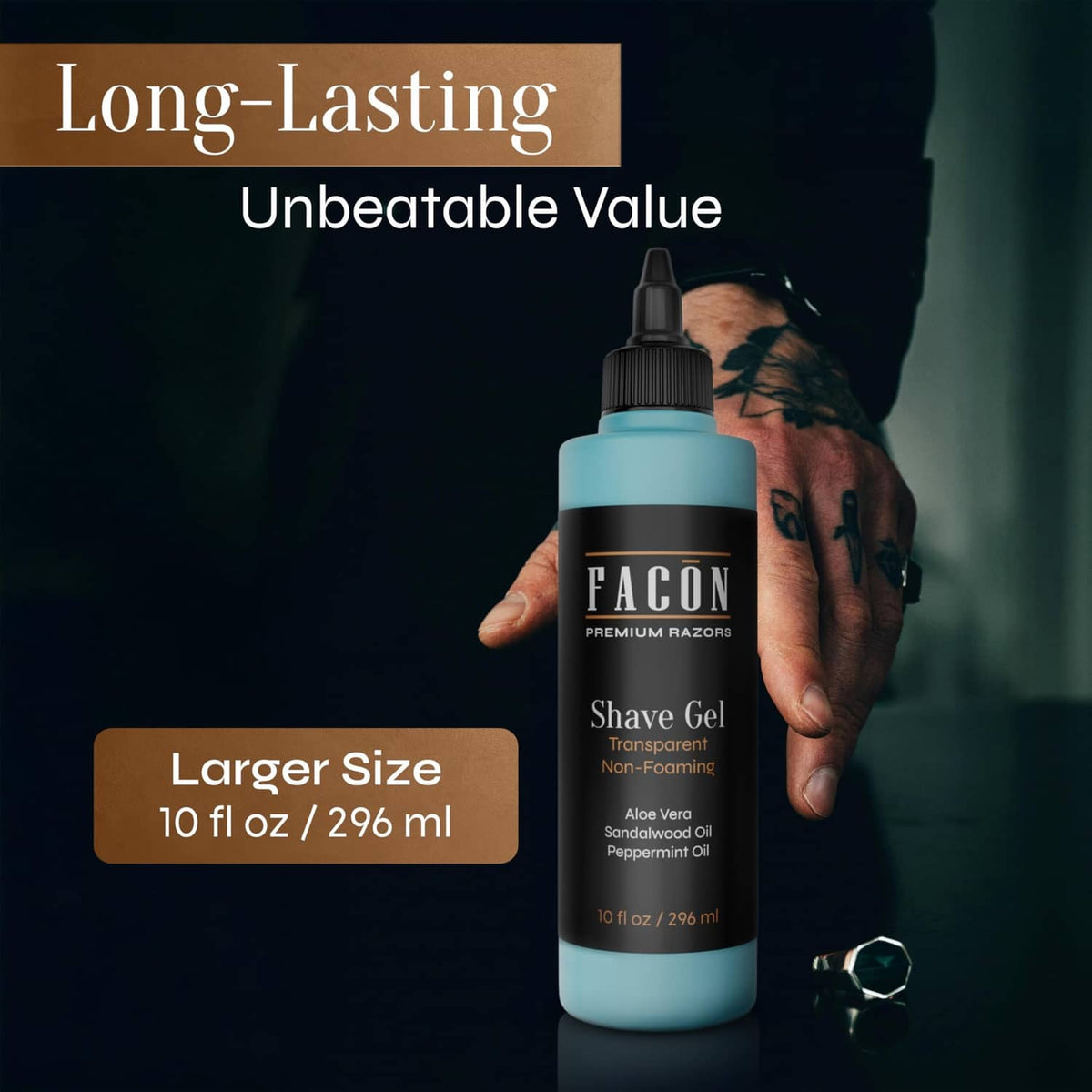 FACON shaving gel bottle, shown in hand, 10 fl oz size.