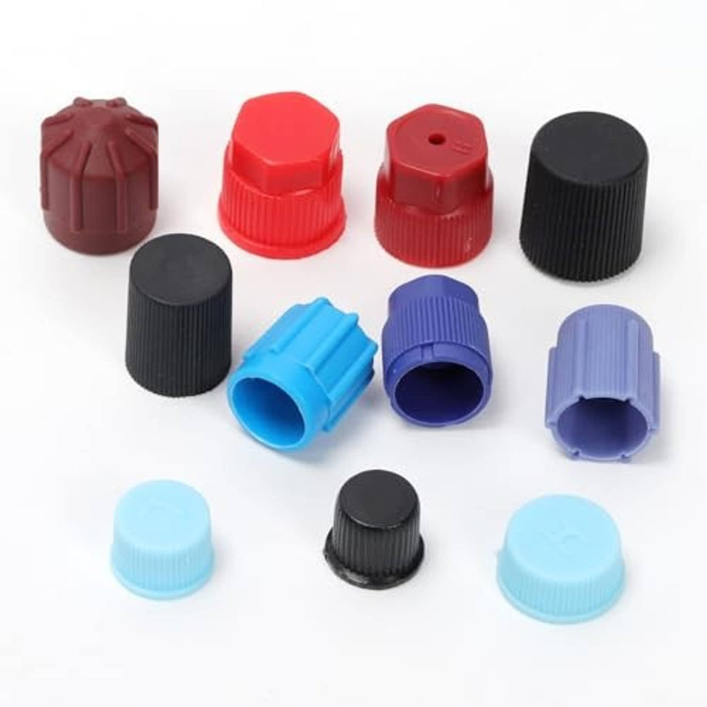 A/C valve core dust caps assorted in red, black, brown, blue, and light blue