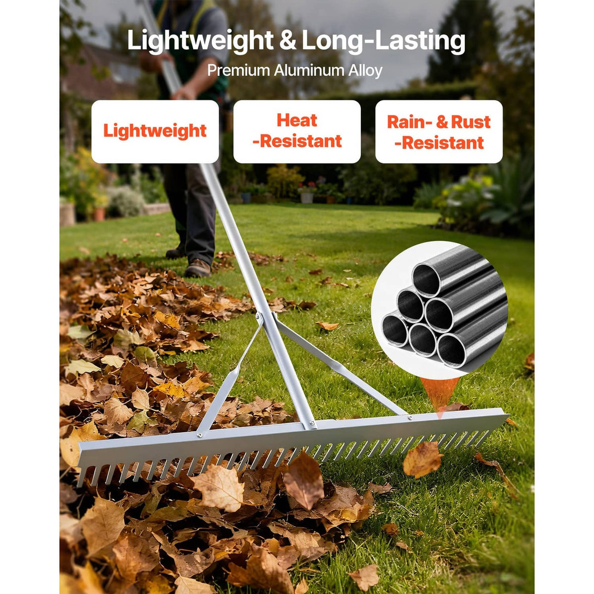 Aluminum landscape rake with wide toothed head, orange handle end, lightweight long-lasting design