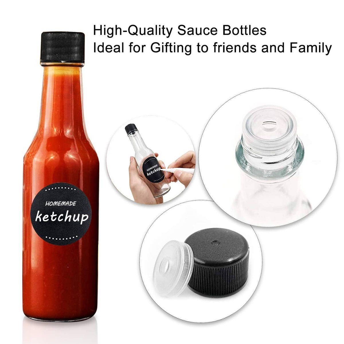 Clear glass hot sauce bottle with black cap and condiment-labeling accessories set