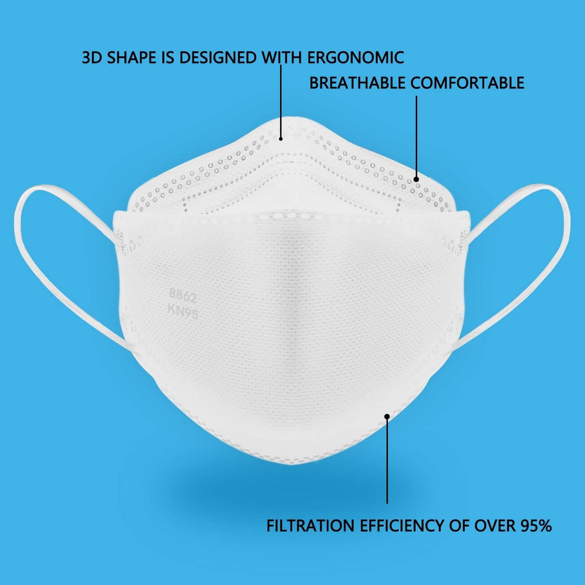 White KN95-style face mask with ear loops and contoured 3D shape