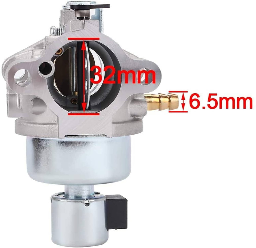 Carburetor with 32mm measurement marking and 6.5mm inlet detail, silver housing
