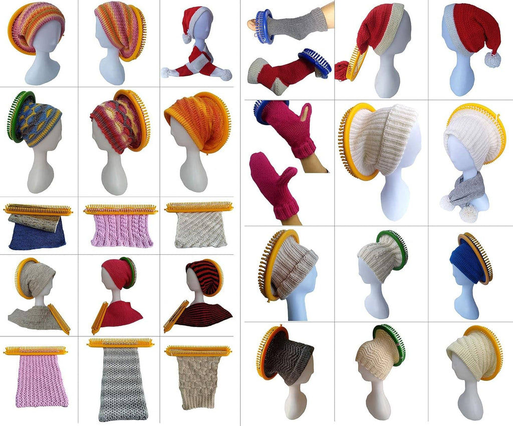 Round knitting loom set with example knit hats, headbands, and scarves shown
