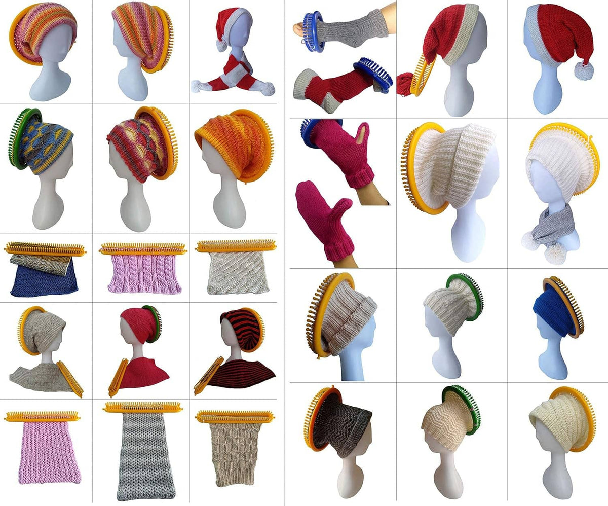 Round knitting loom set with example knit hats, headbands, and scarves shown