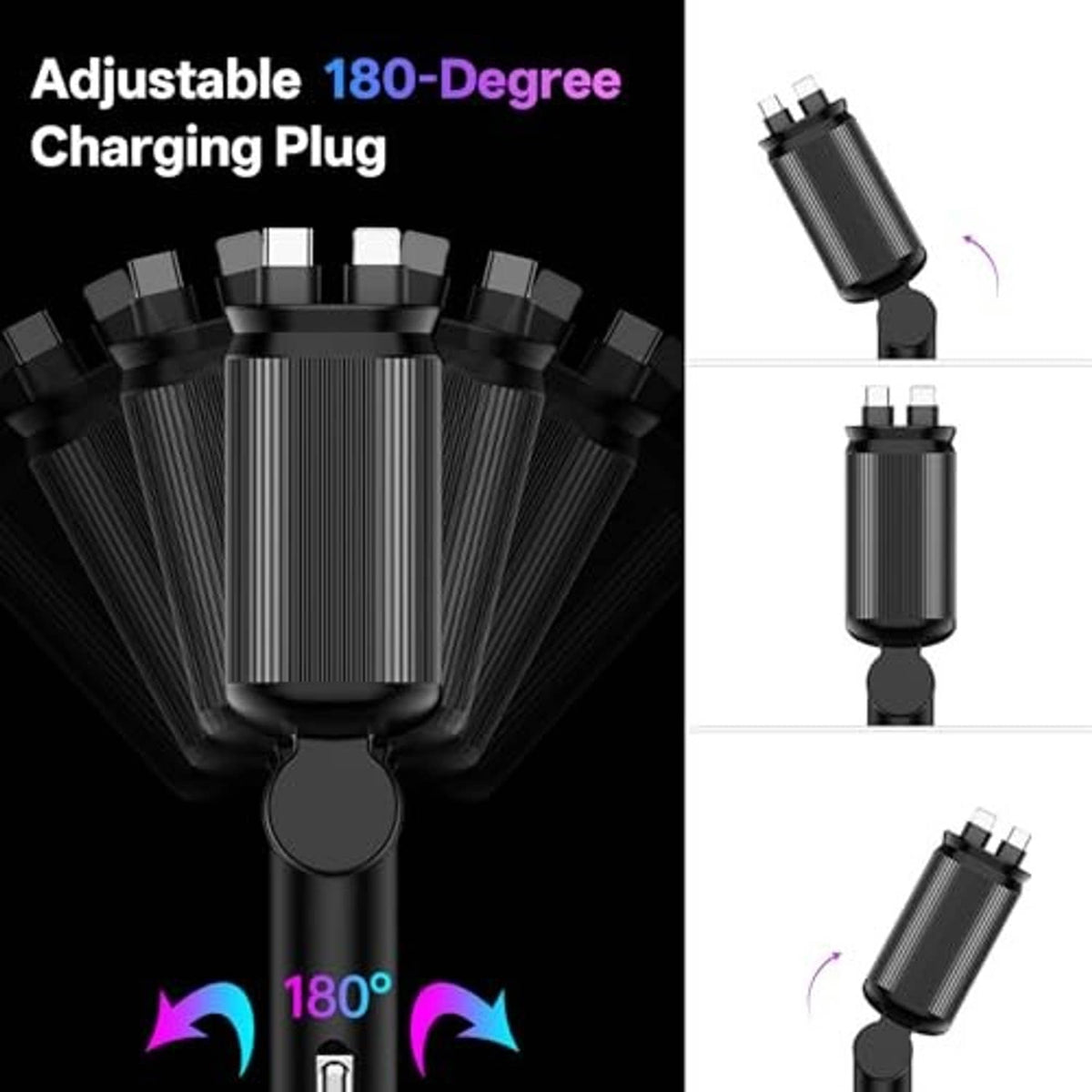 Retractable car charger with adjustable charging plug, black and silver cylinder
