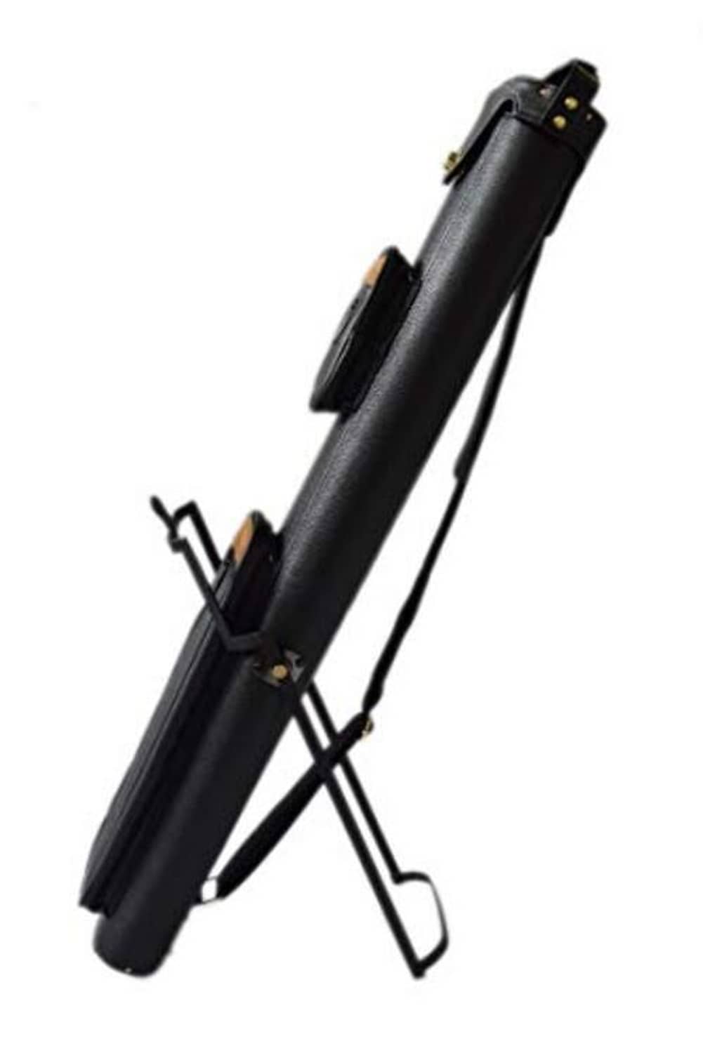 Black hard pool cue case with fold-out stand and securing straps