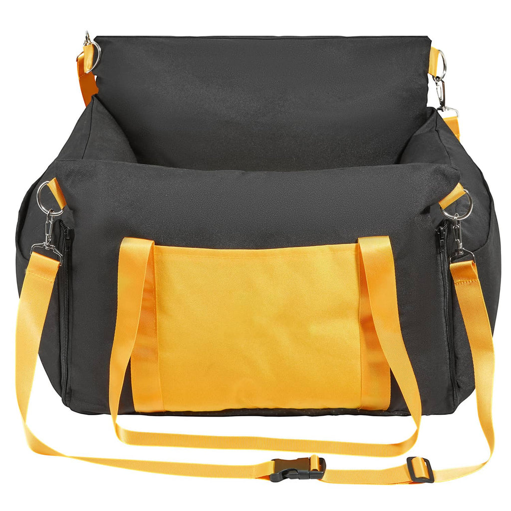 Dog booster car seat, black with yellow straps and padded base