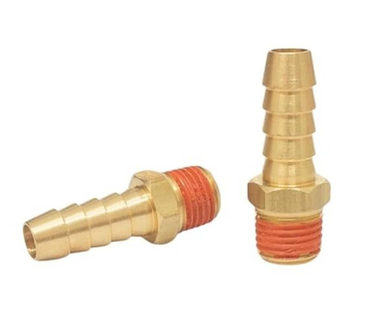 Pair of brass air hose barb fittings with red sealing rings, 3/8 in barb to 1/4 in NPT