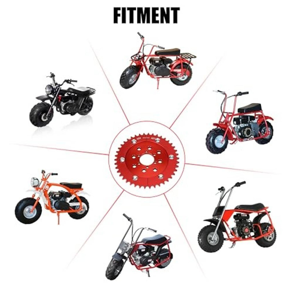 Red 42T split sprocket compatibility for multiple mini motorcycles and minibikes