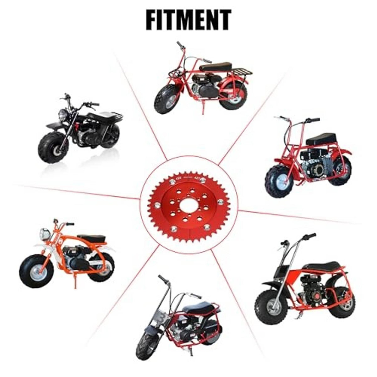 Red 42T split sprocket compatibility for multiple mini motorcycles and minibikes