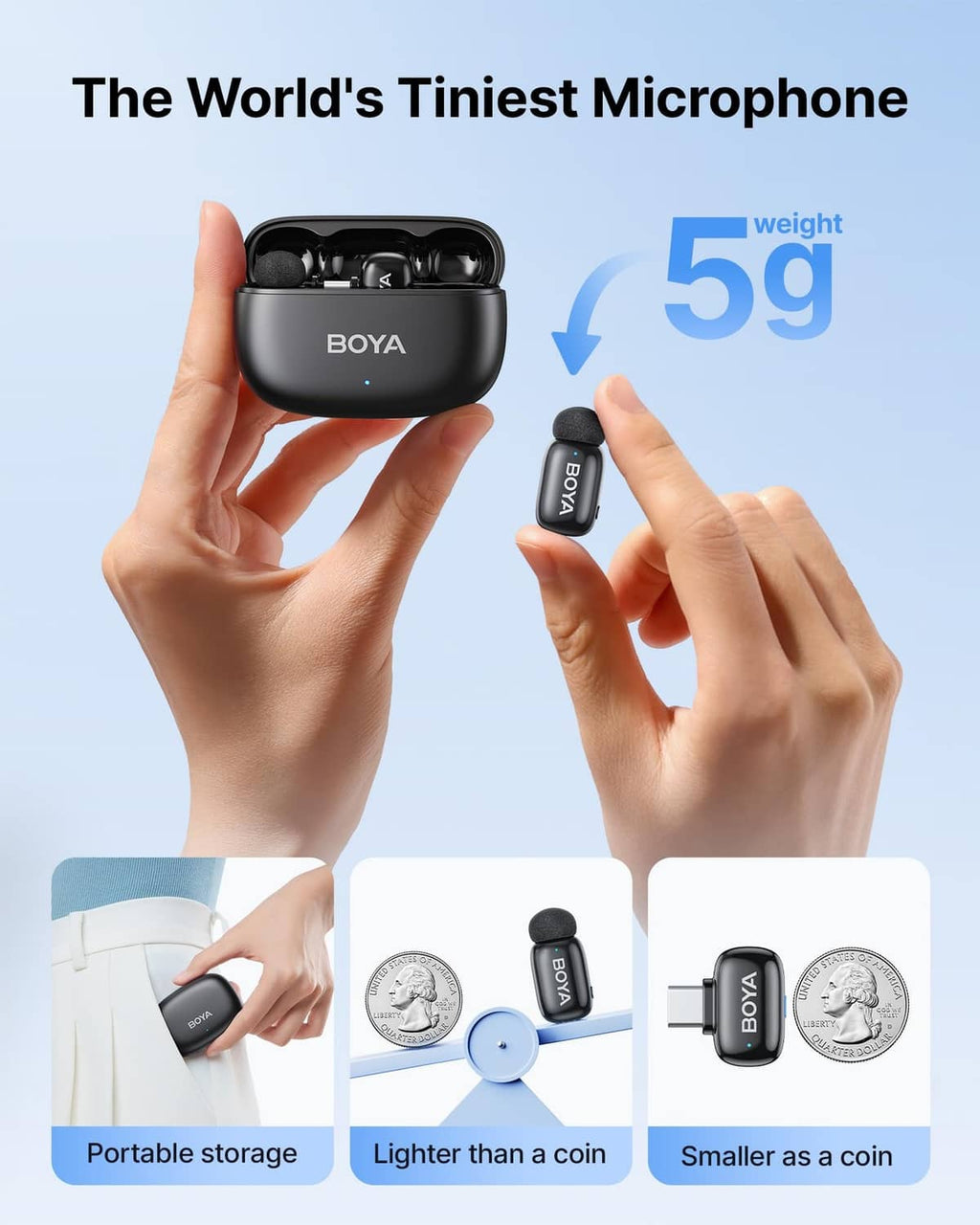 BOYA mini wireless microphone kit in black charging case with two clip-on mics