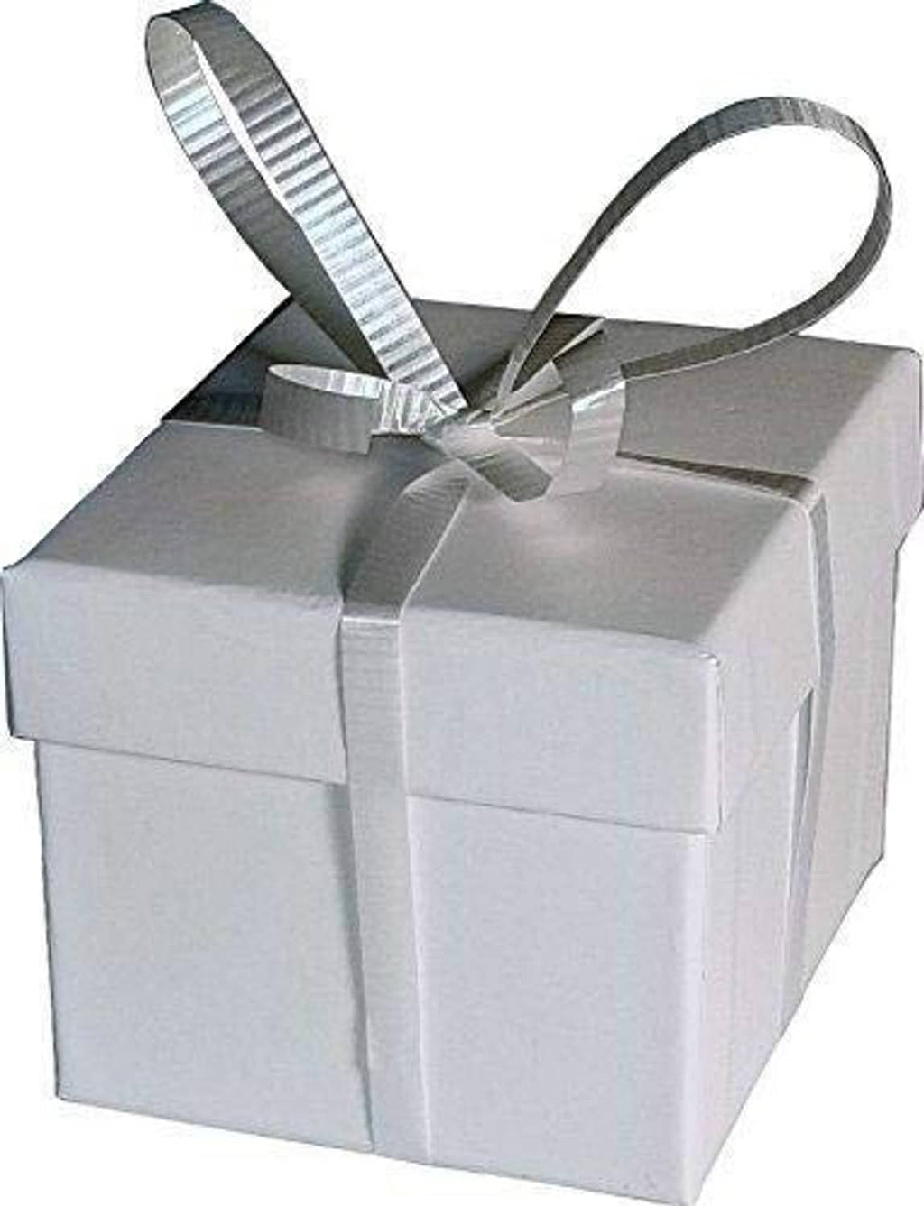 White gift box with gray ribbon bow, ready for ring presentation