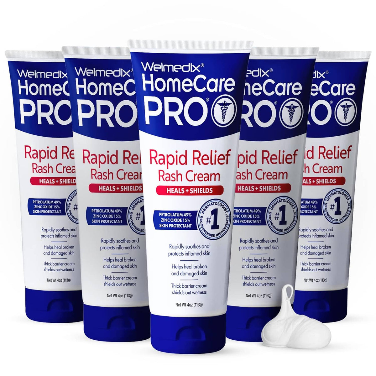 Welmedix HomeCare PRO Rapid Relief zinc oxide diaper rash cream, 5-pack tubes.