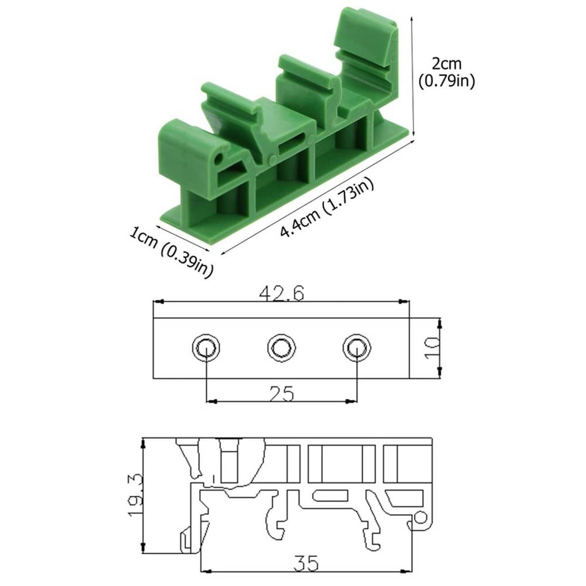Green C45 DIN rail PCB mounting bracket with mounting hole size diagram