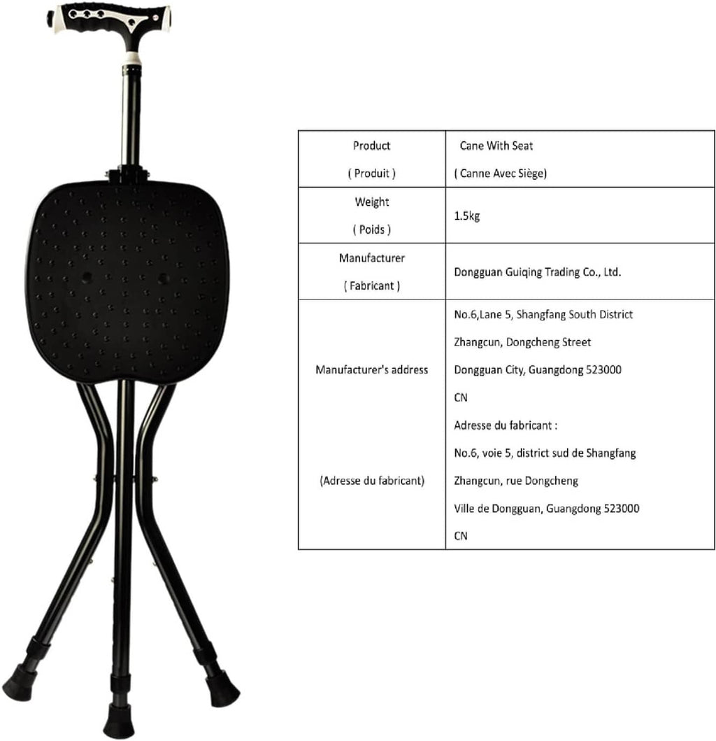 Black folding cane with round seat and height-adjustable shaft