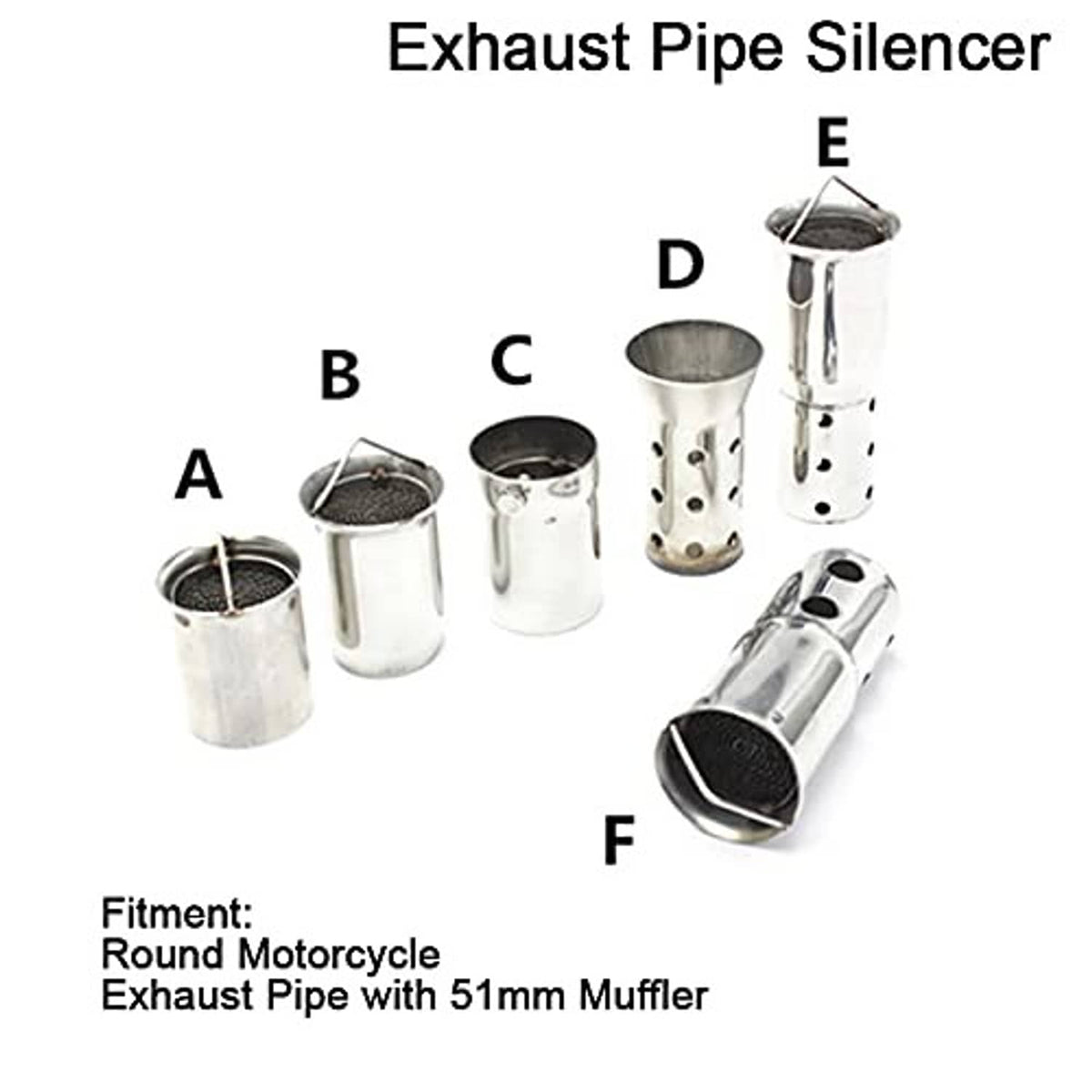 Exhaust pipe silencer components diagram showing muffler and adapters, labeled A–F